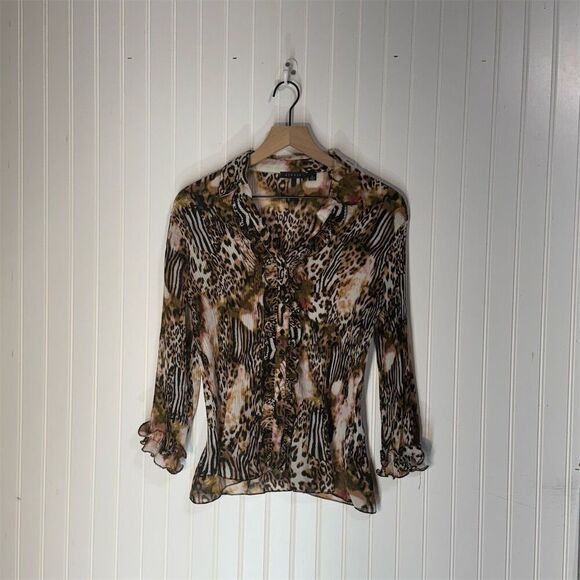 Sioni Tops - Sioni XL Sheer Ruffle Leopard Blouse Mesh Pleated Animal Print Y2K Top
